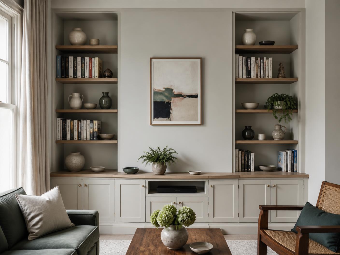 Fitted alcove bookcases and a low media cupboard either side of a chimney breast