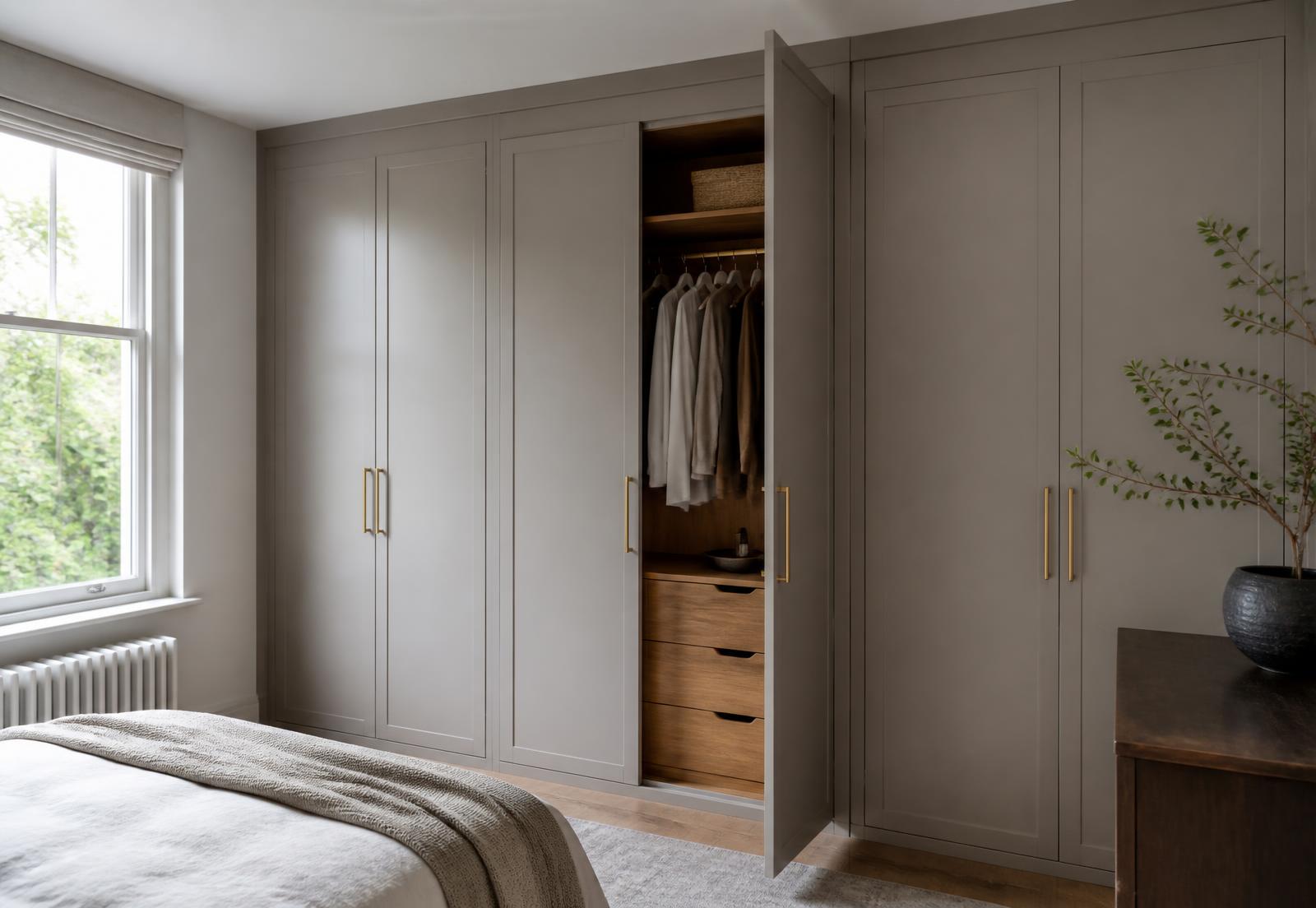 Hand-painted fitted wardrobes filling one wall of a bedroom in Oldmeldrum