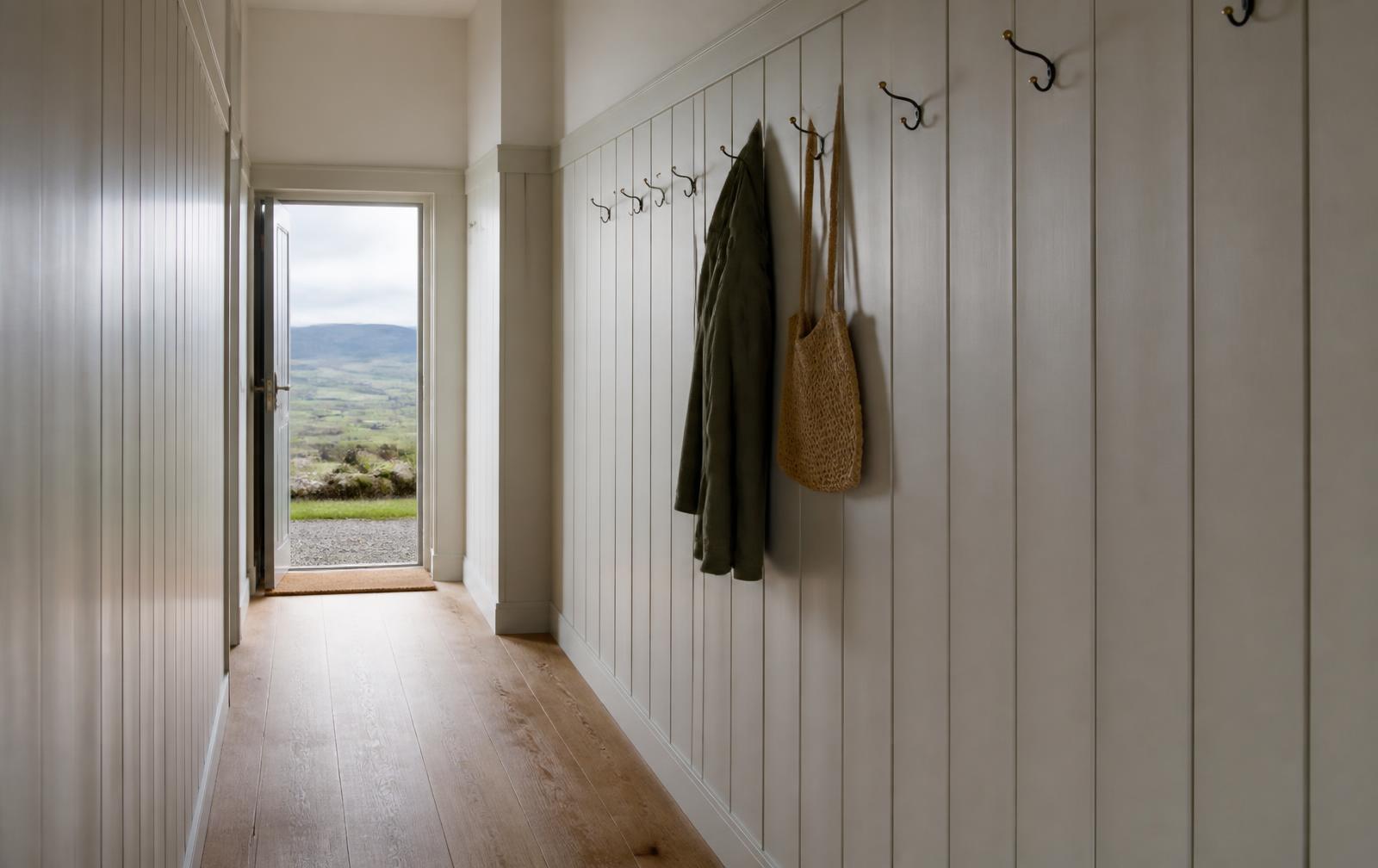 Painted timber panelling with coat hooks in a hallway fitted by North & Grain
