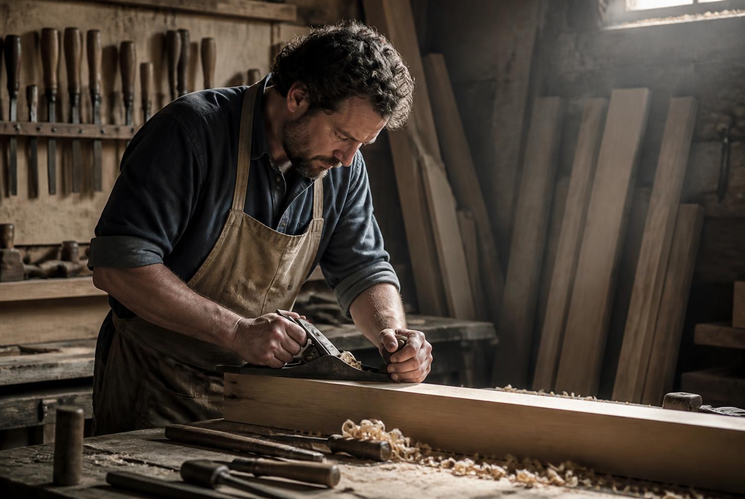Callum Reid planing a length of oak at the workshop bench