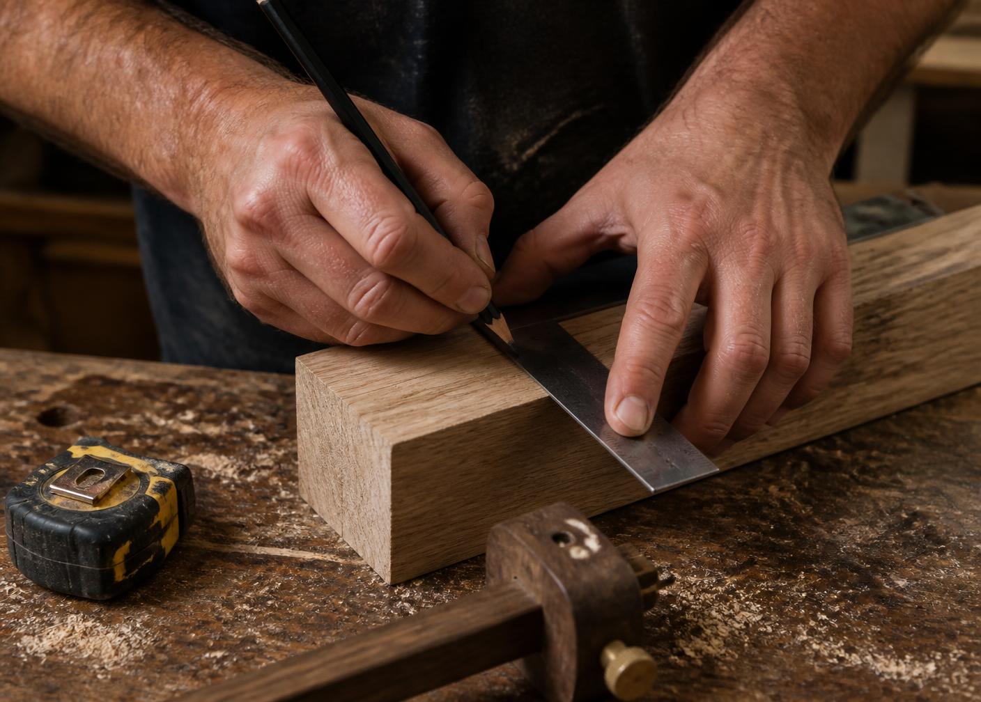 Marking out an oak rail with a pencil and square before cutting