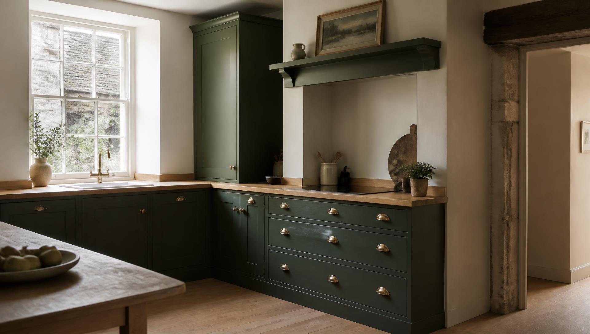 Deep green hand-painted fitted kitchen with solid oak worktops in an Aberdeenshire farmhouse