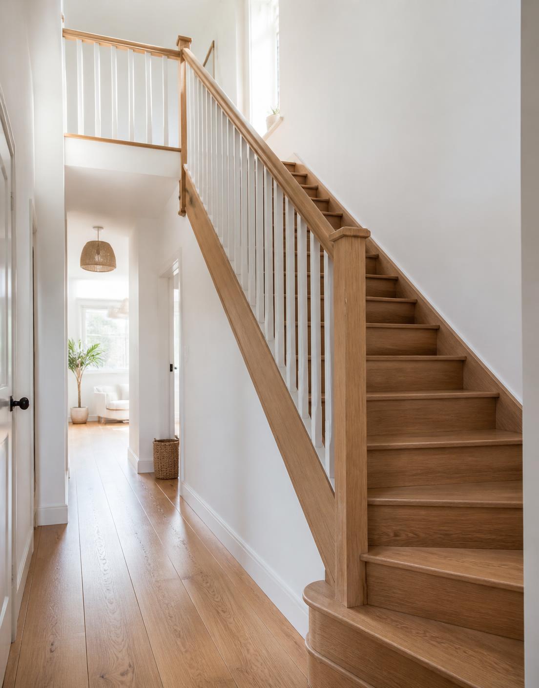 Solid oak staircase with slim painted balustrade in a hallway near Ellon