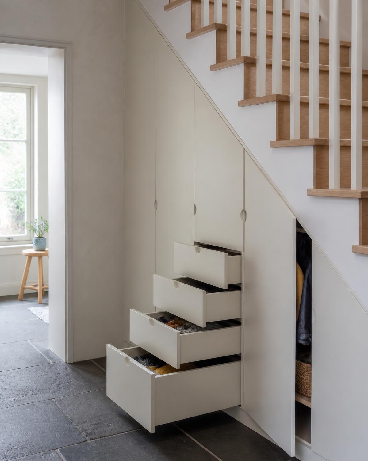 Fitted under-stair storage with painted pull-out drawers following the stair rake, Inverurie