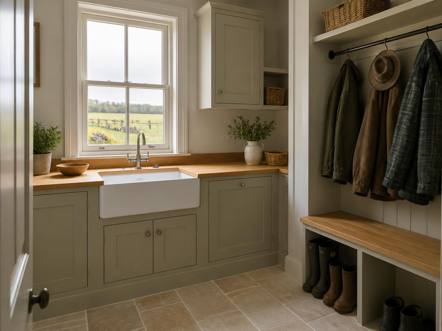 Fitted utility and boot room with oak bench, hanging rail and deep sink